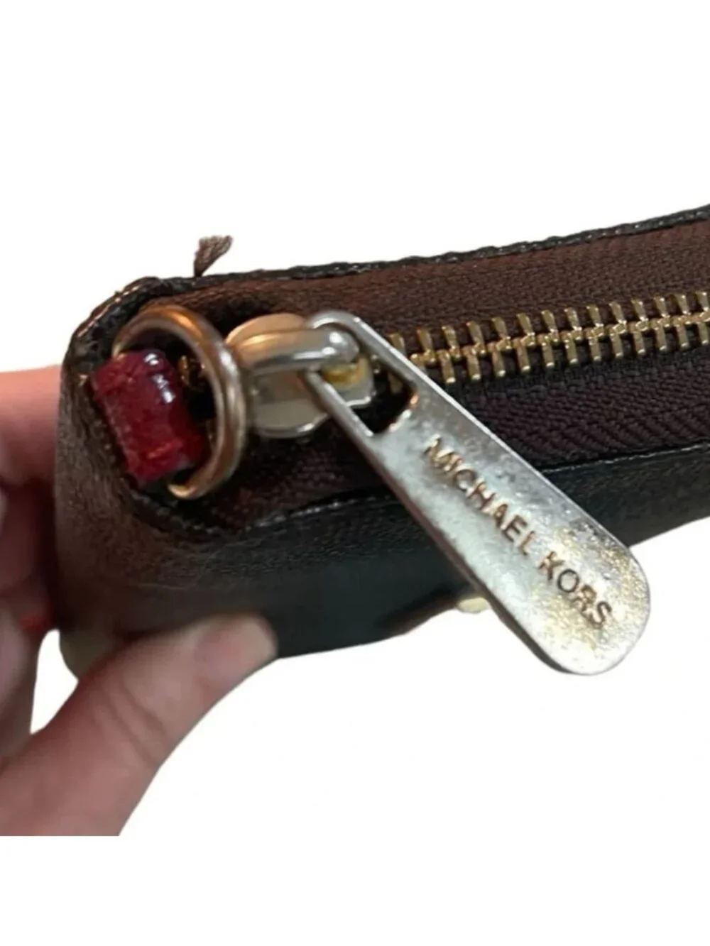 Michael Kors Brown & Gold Saffiano Leather Zip-Around Wallet With Red Interior &